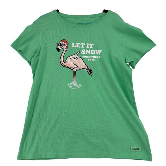 Life Is Good Crusher Tee Shirt Womens Size L Green Flamingo Let It Snow Graphic - Picture 1 of 9